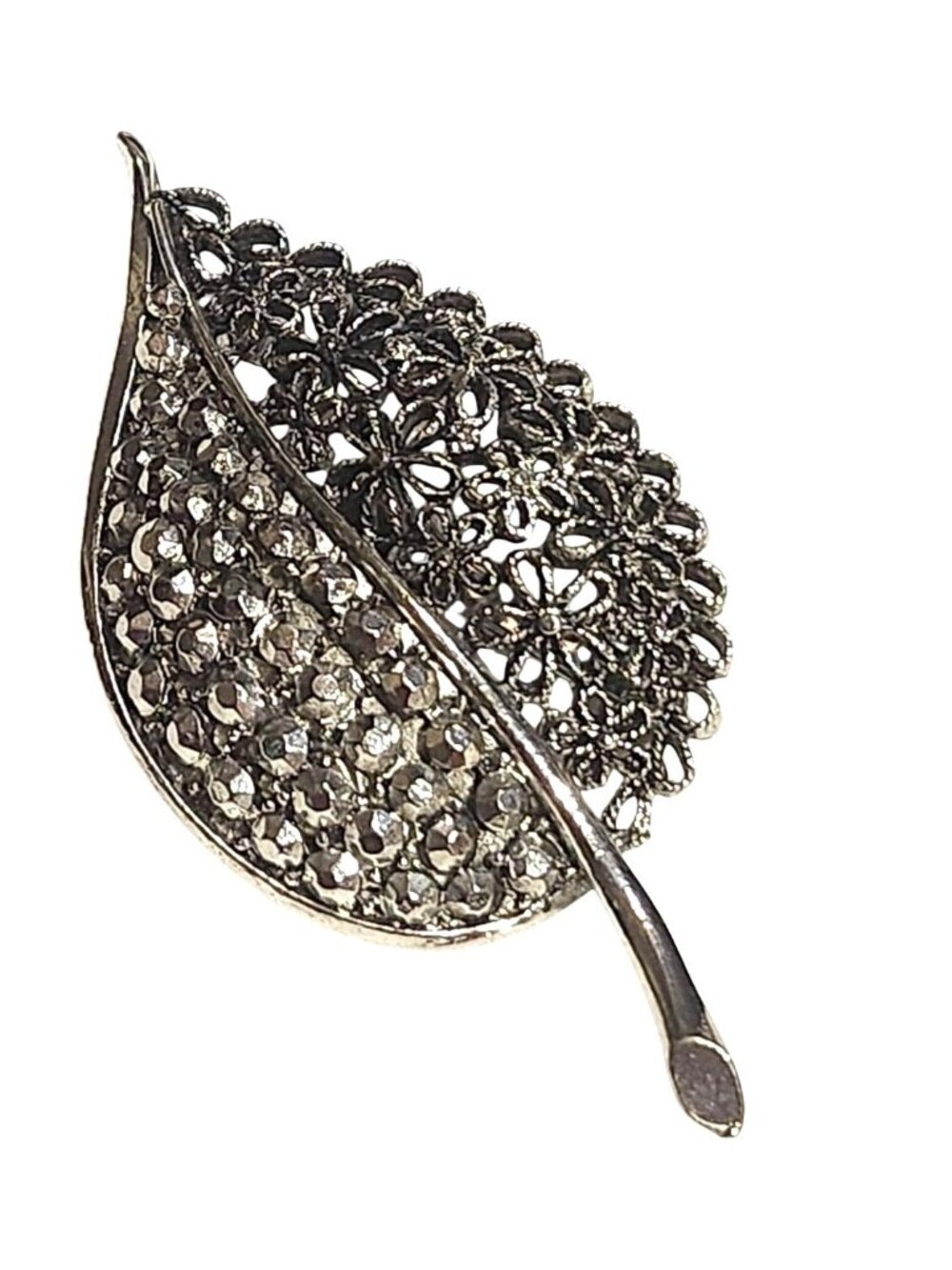 Marcasite Divided Leaf Pin With Hobstar & Filigree Daisies Vintage Jewelry Broo